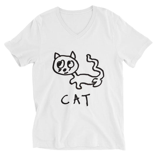 Cat v-neck graphic tee in white – minimalist cat design – LoFi Animal Shirts