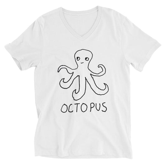 Octopus v-neck graphic tee in white – minimalist octopus design – LoFi Animal Shirts