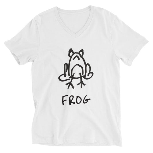 Frog v-neck graphic tee in white – minimalist frog design – LoFi Animal Shirts
