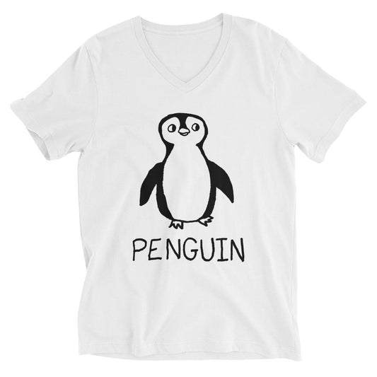 Penguin v-neck graphic tee in white – minimalist penguin design – LoFi Animal Shirts