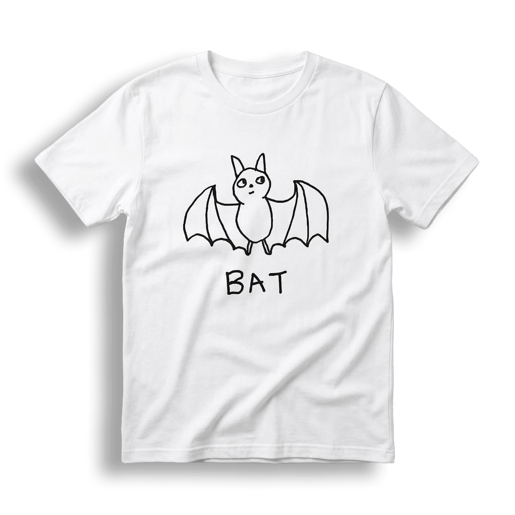 Front view of a white premium tee with a hand-drawn bat with spread wings and Bat lettering