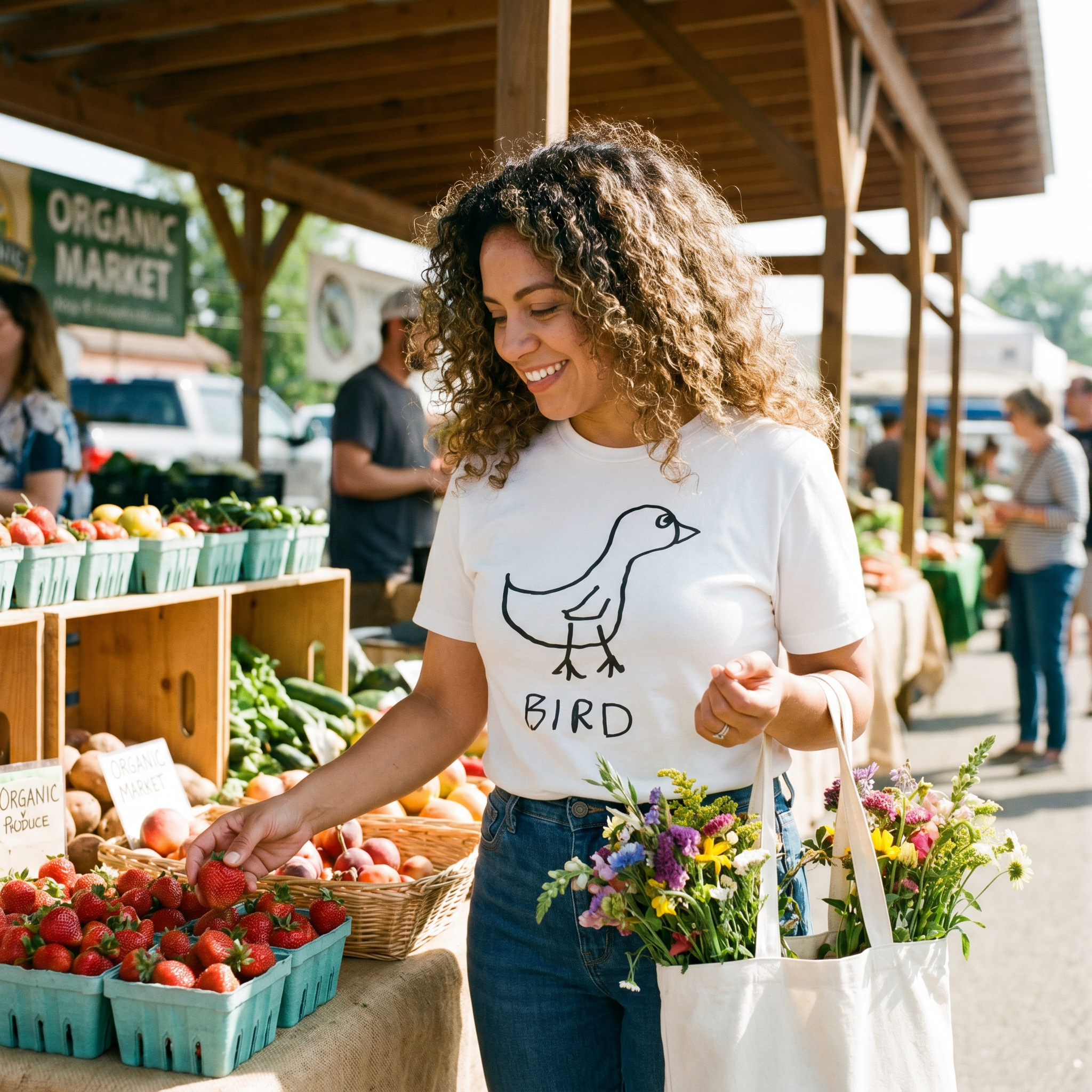 Woman carrying a tote of flowers at a farmers market wearing a lo-fi Bird Classic Tee