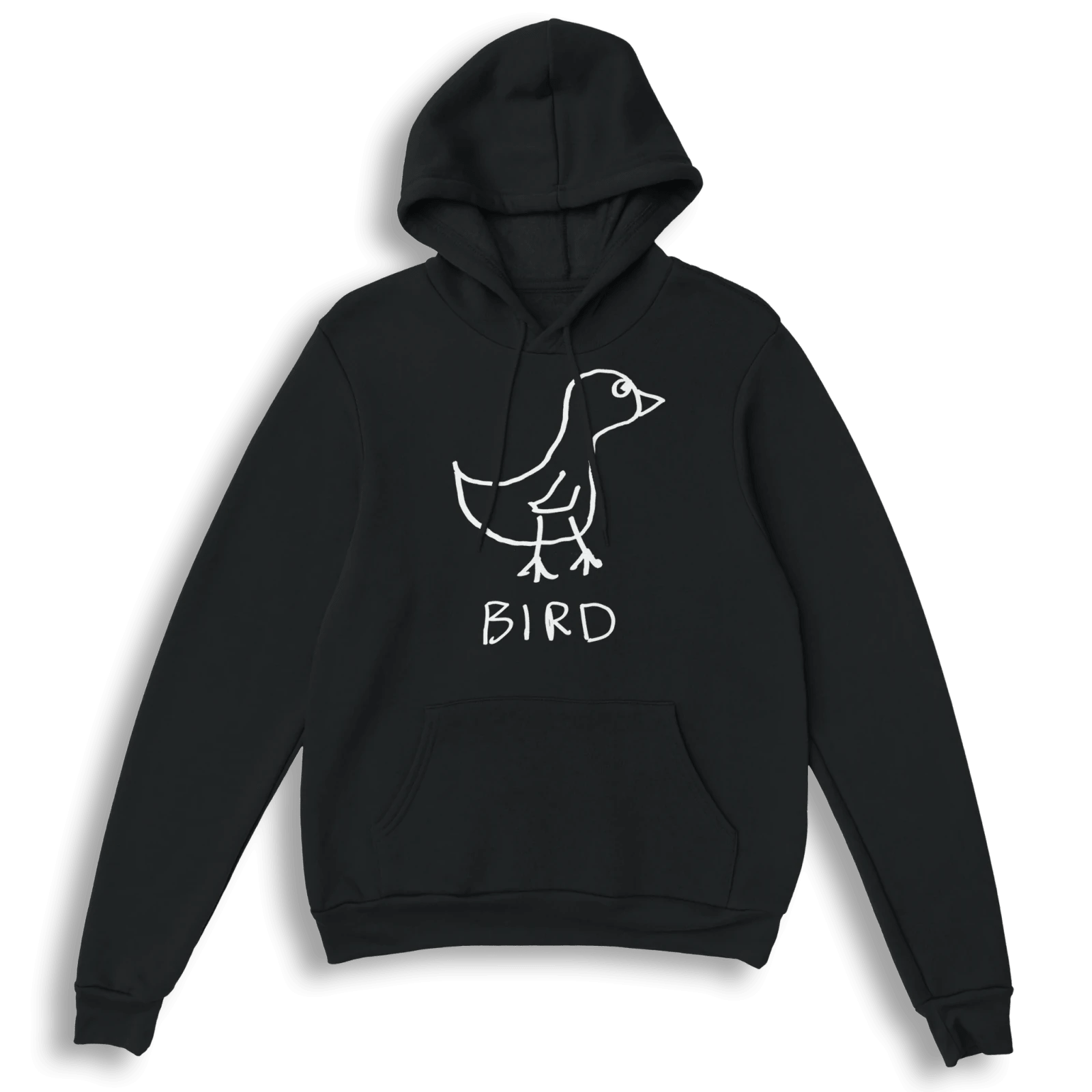 lo-fi Bird Hoodie — hand-drawn bird graphic on a black pullover hoodie