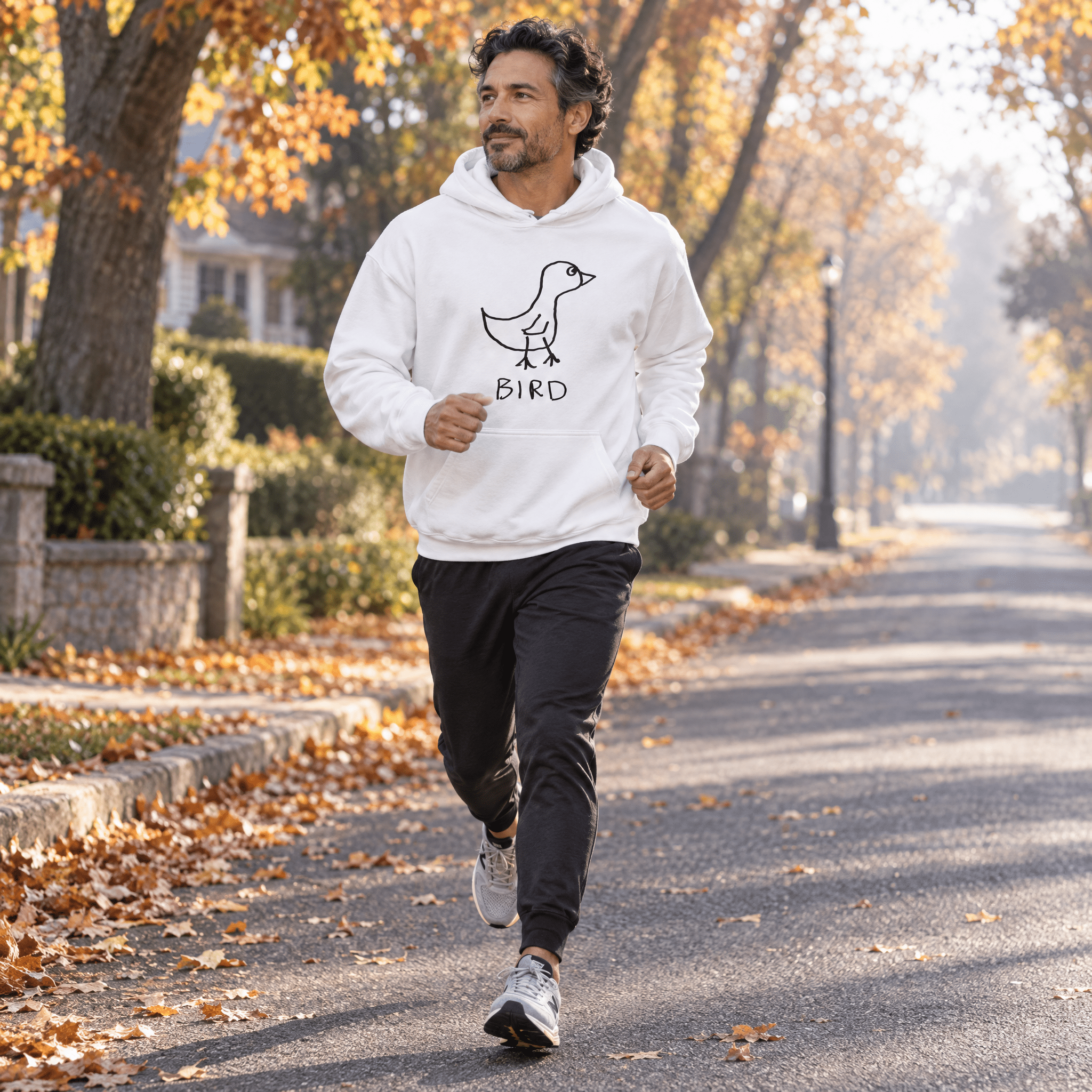 lo-fi Bird Hoodie — hand-drawn bird graphic on a white pullover hoodie