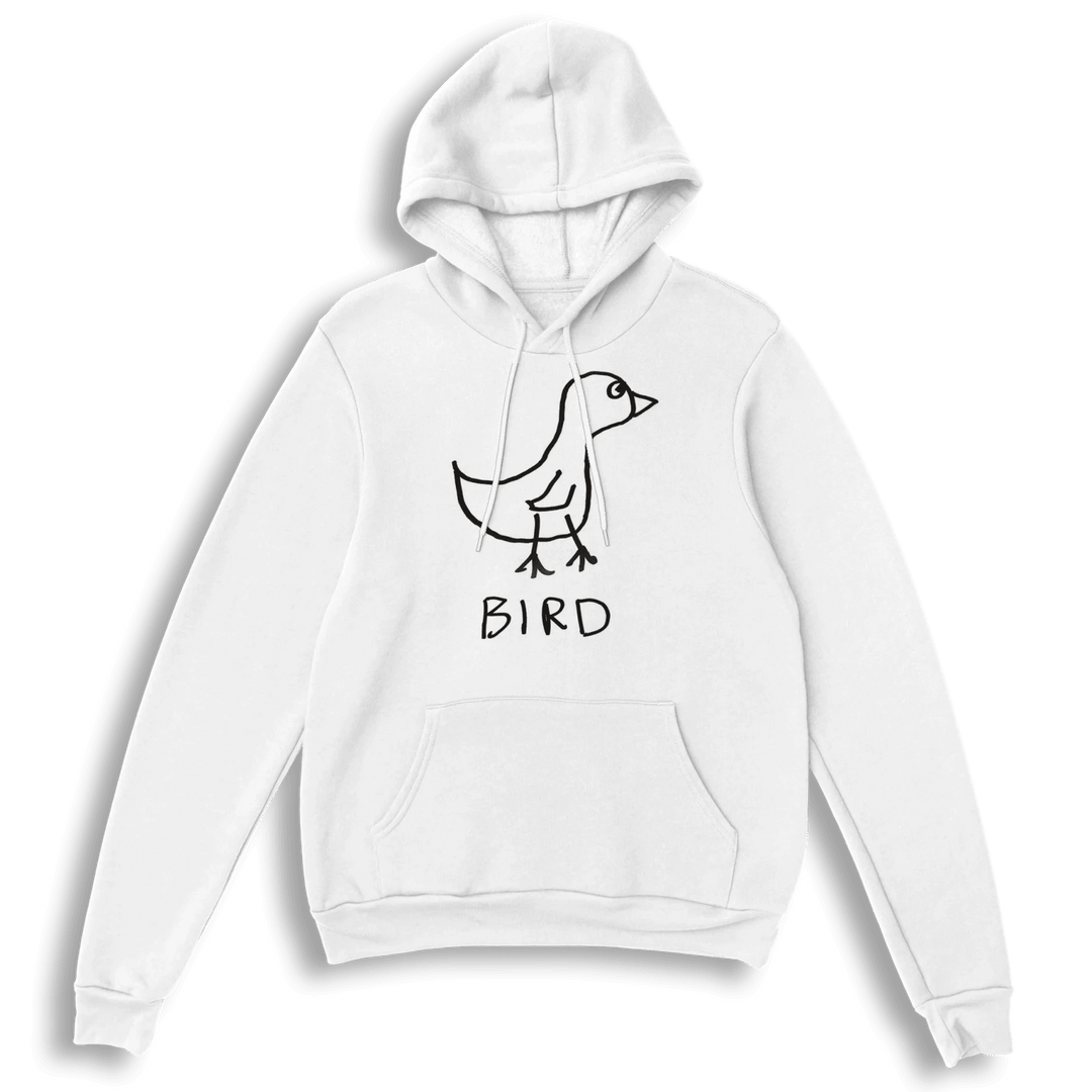 lo-fi Bird Hoodie — hand-drawn bird graphic on a white pullover hoodie