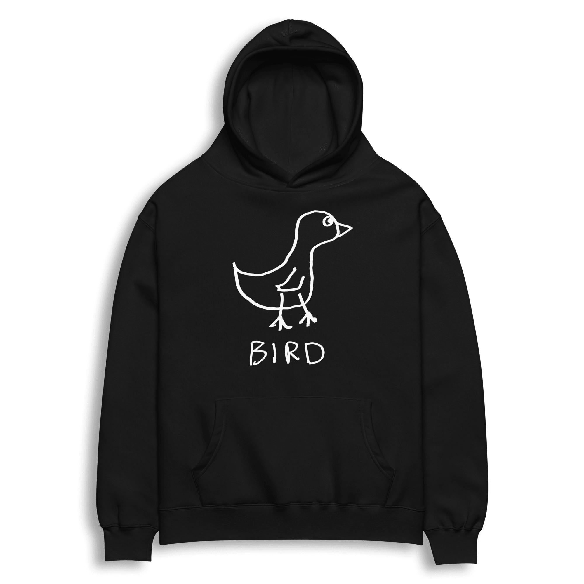 lo-fi Bird Hoodie — hand-drawn bird graphic on a black pullover hoodie