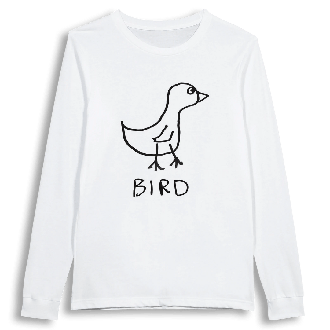 lo-fi Bird Long Sleeve Tee — hand-drawn bird graphic on a white long-sleeve t-shirt