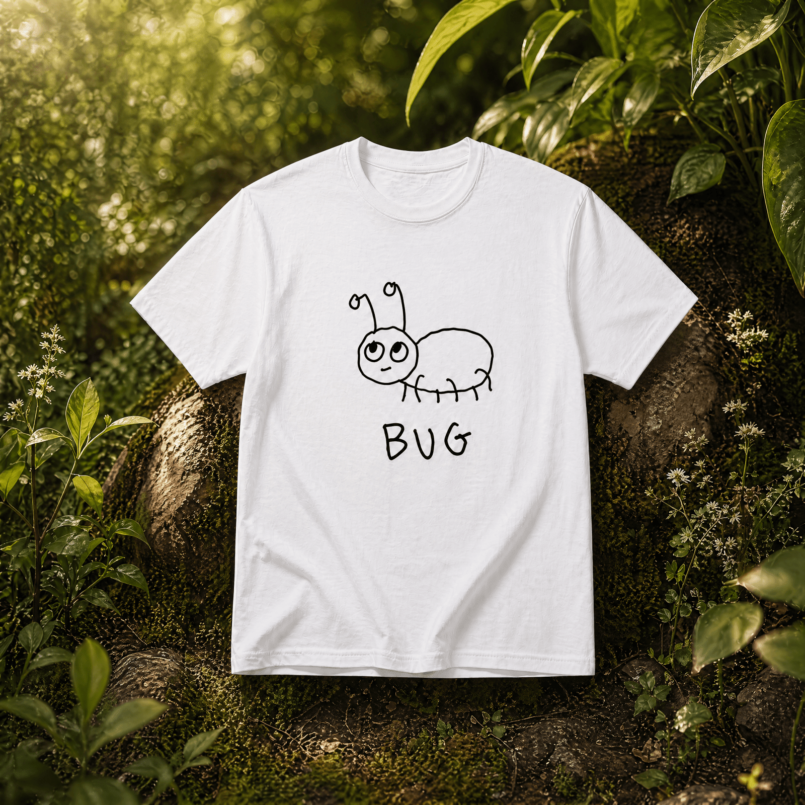 lo-fi Bug Classic Tee laid on greenery in soft daylight