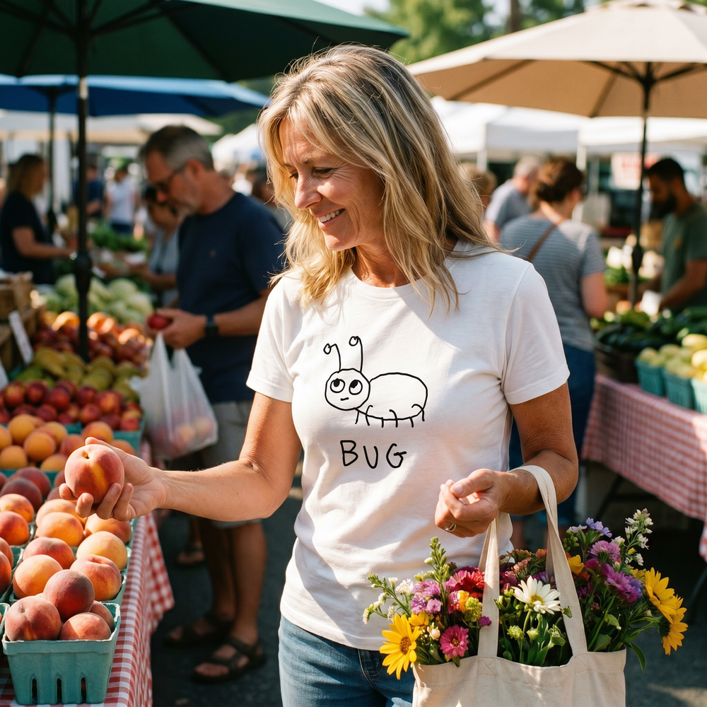 Woman browsing peaches at a farmers market wearing a lo-fi Bug Classic Tee
