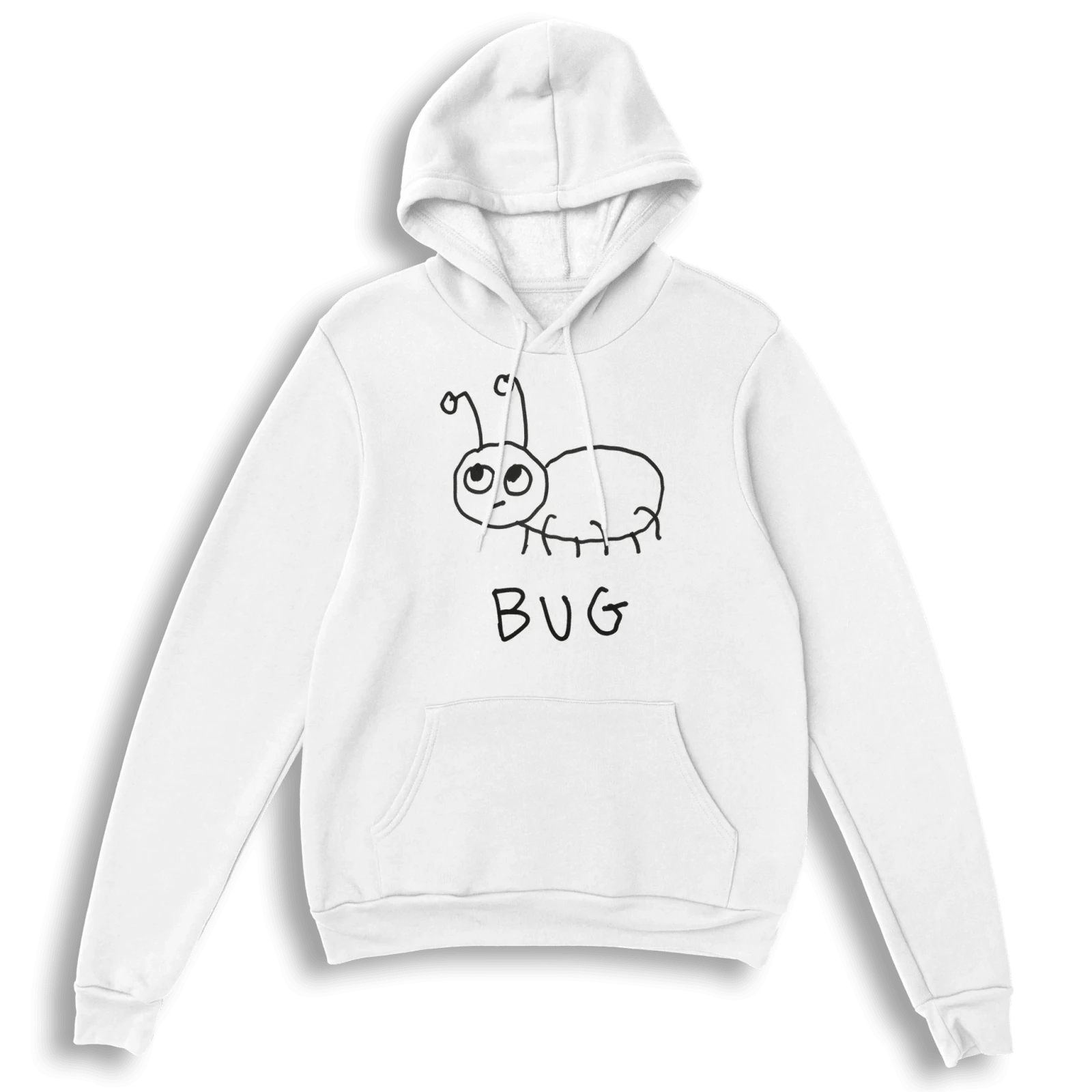 lo-fi Bug Hoodie — hand-drawn bug graphic on a white pullover hoodie