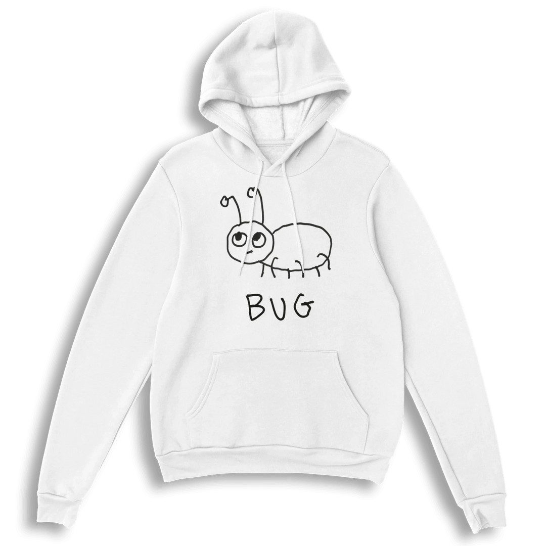 lo-fi Bug Hoodie — hand-drawn bug graphic on a white pullover hoodie