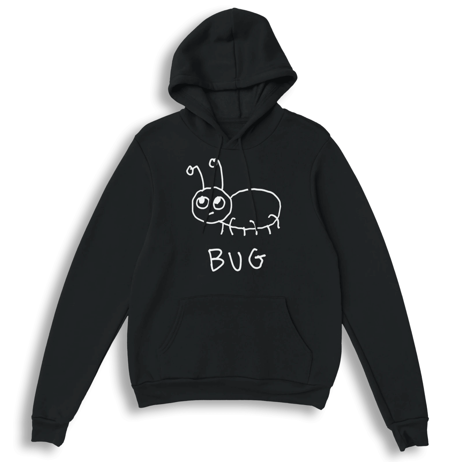 lo-fi Bug Hoodie — hand-drawn bug graphic on a black pullover hoodie