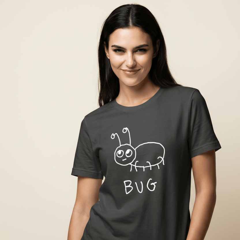 Woman in a minimalist studio portrait wearing a lo-fi Bug Women's Relaxed T-Shirt in black