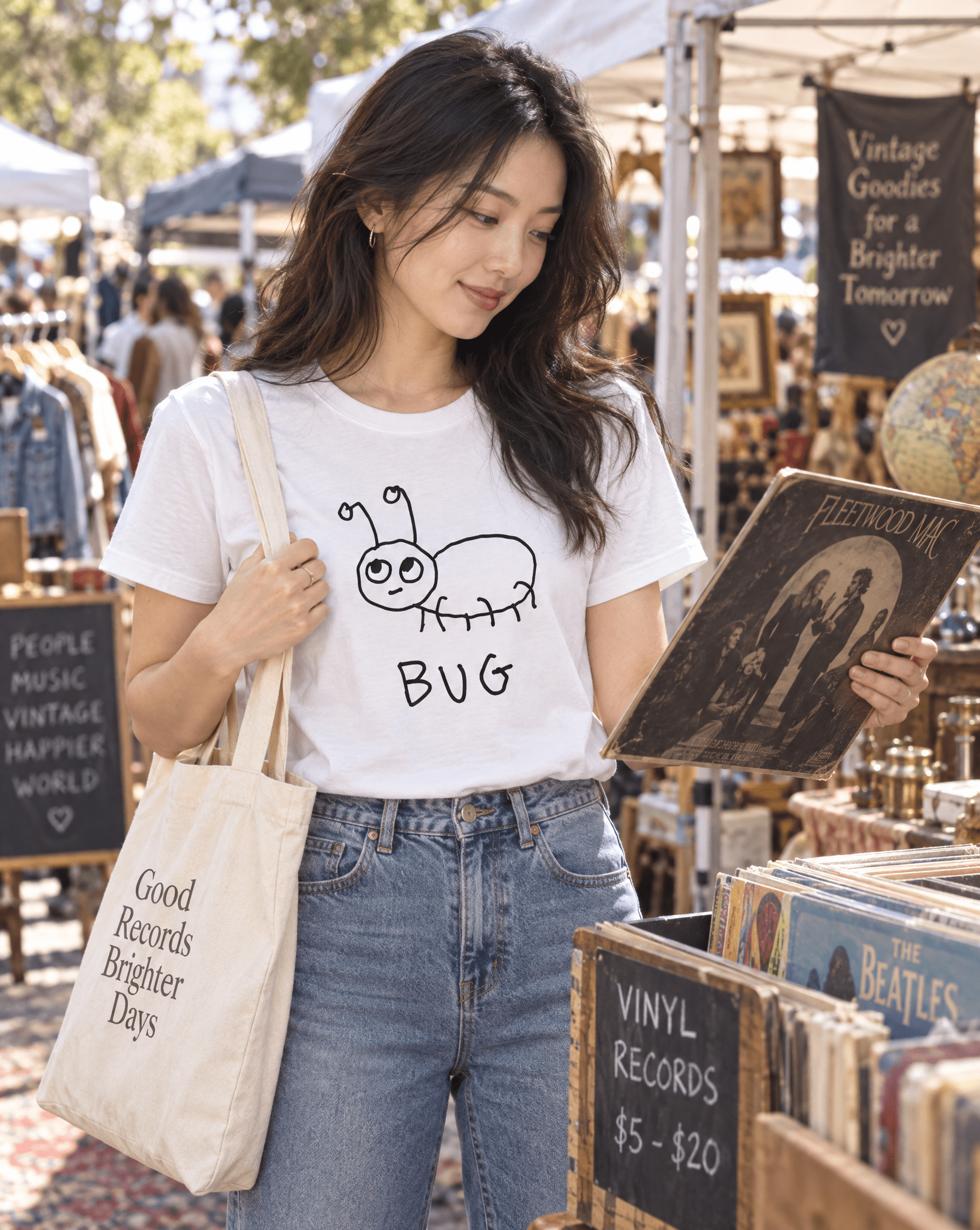 Sep 29 bug women's tee — vintage market lifestyle photo