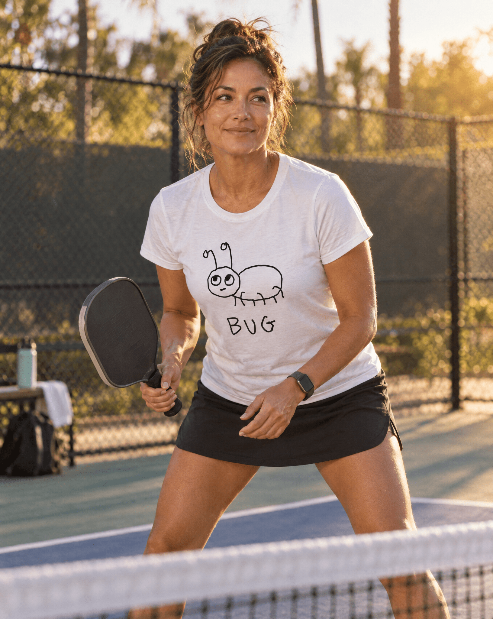 Sep 29 bug women's tee — pickleball lifestyle photo