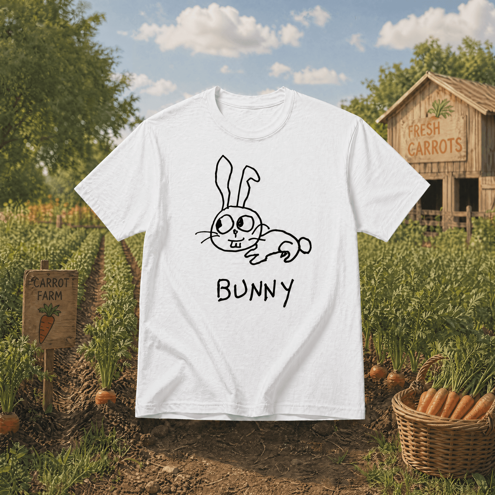 lo-fi Bunny Classic Tee laid on a wooden fence outdoors