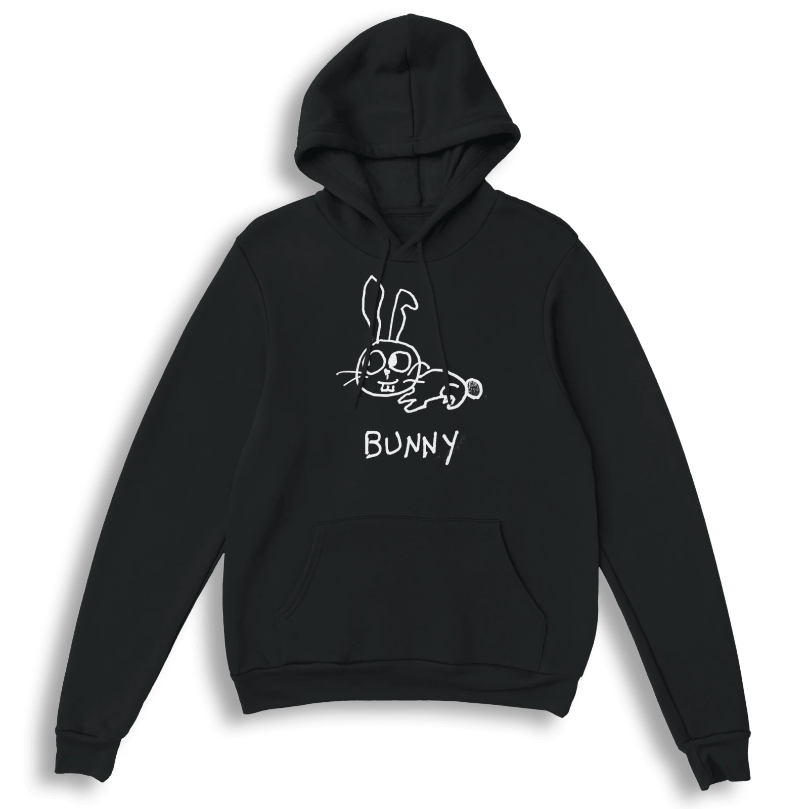 lo-fi Bunny Hoodie — hand-drawn bunny graphic on a black pullover hoodie