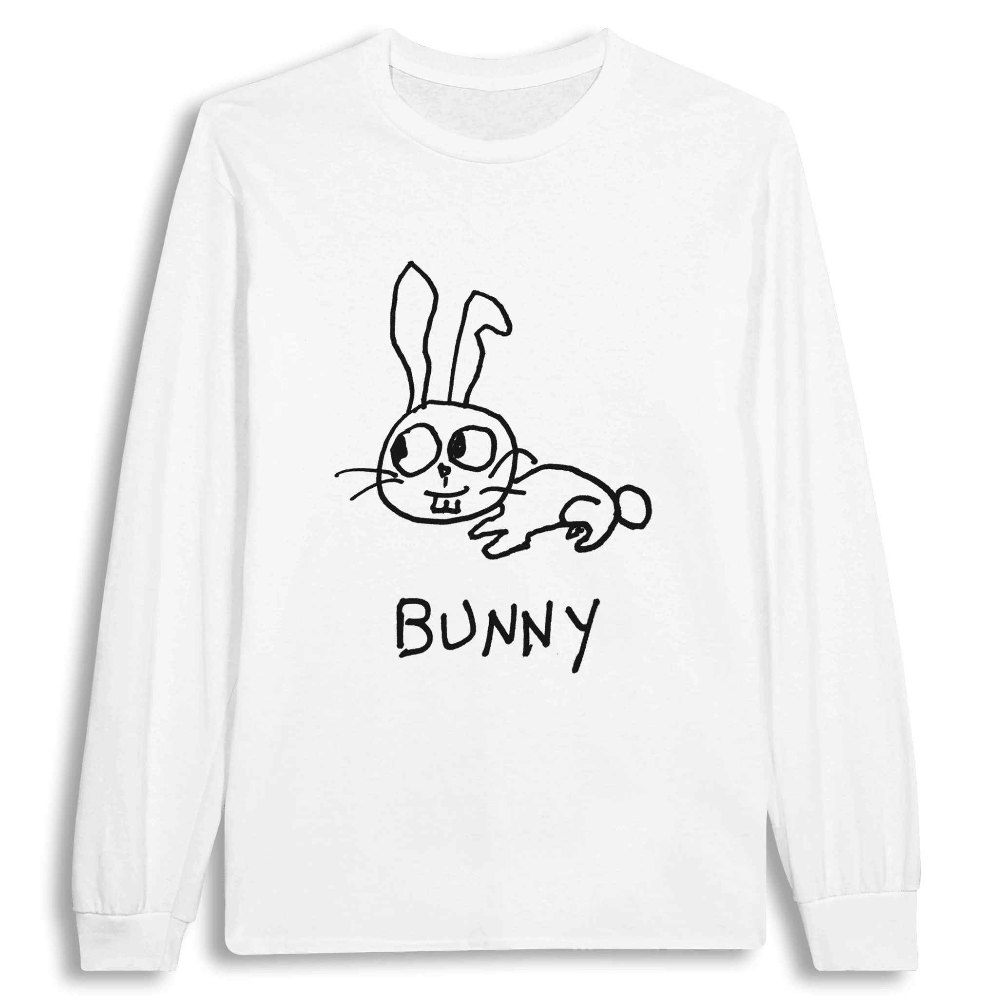lo-fi Bunny Long Sleeve Tee — hand-drawn bunny graphic on a white long-sleeve t-shirt