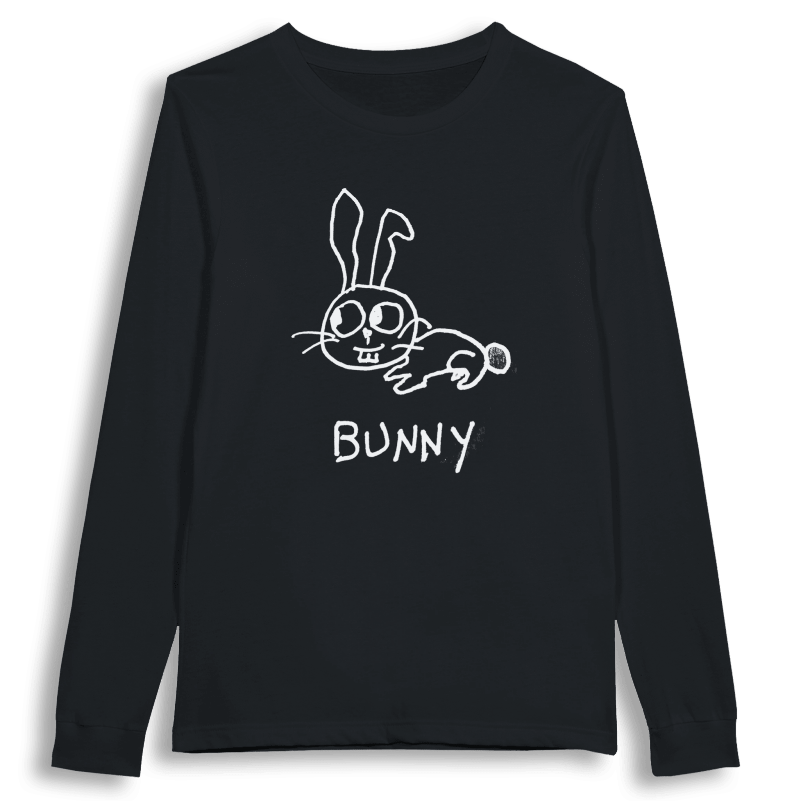 lo-fi Bunny Long Sleeve Tee — hand-drawn bunny graphic on a white long-sleeve t-shirt
