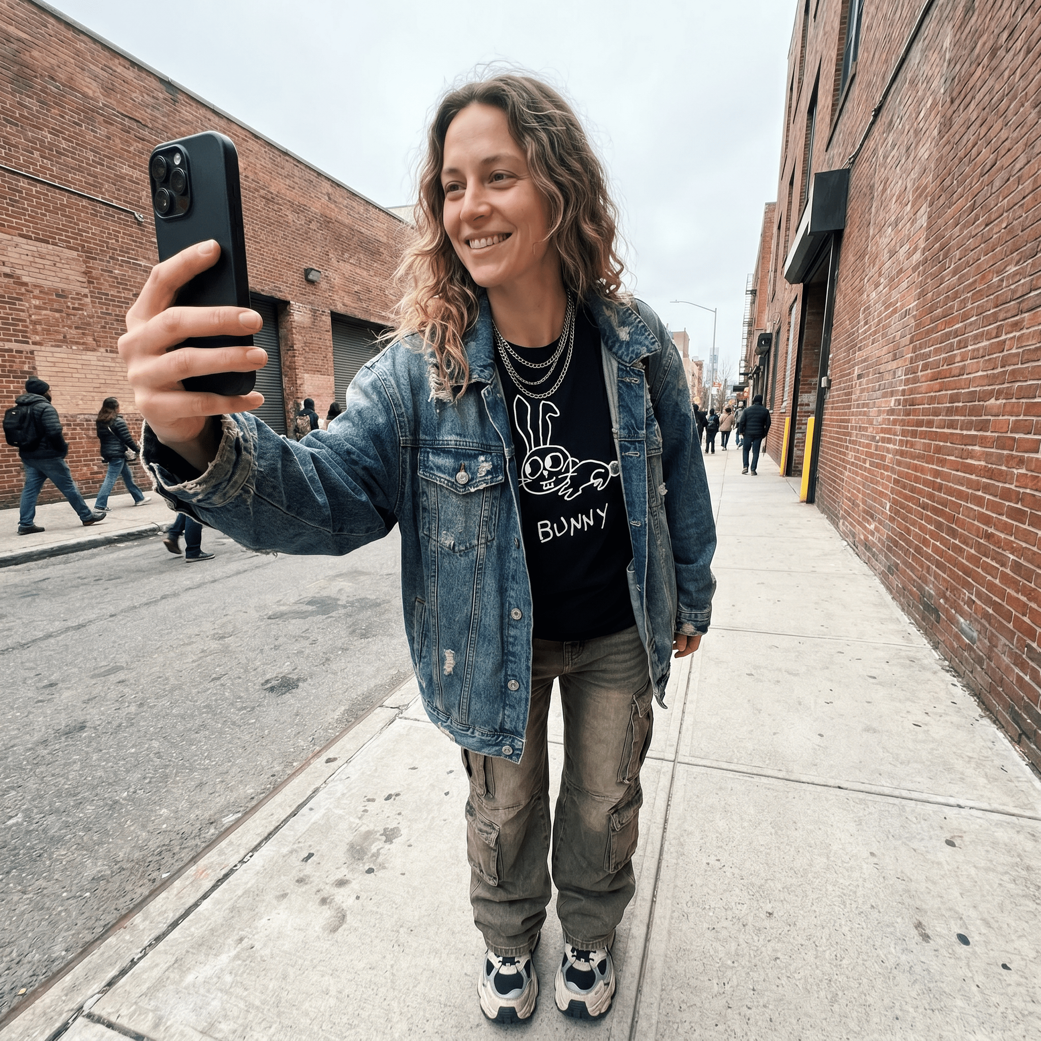 Woman taking a street selfie in a lo-fi Bunny Women's Relaxed T-Shirt in black