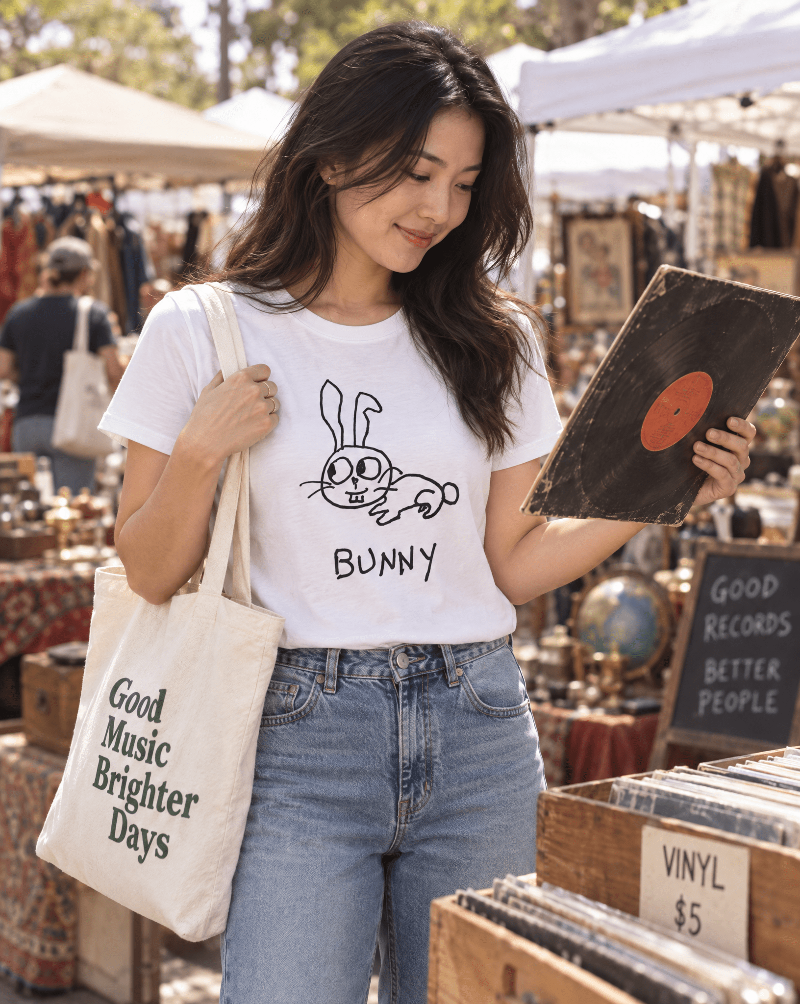 Sep 29 bunny women's tee — vintage market lifestyle photo