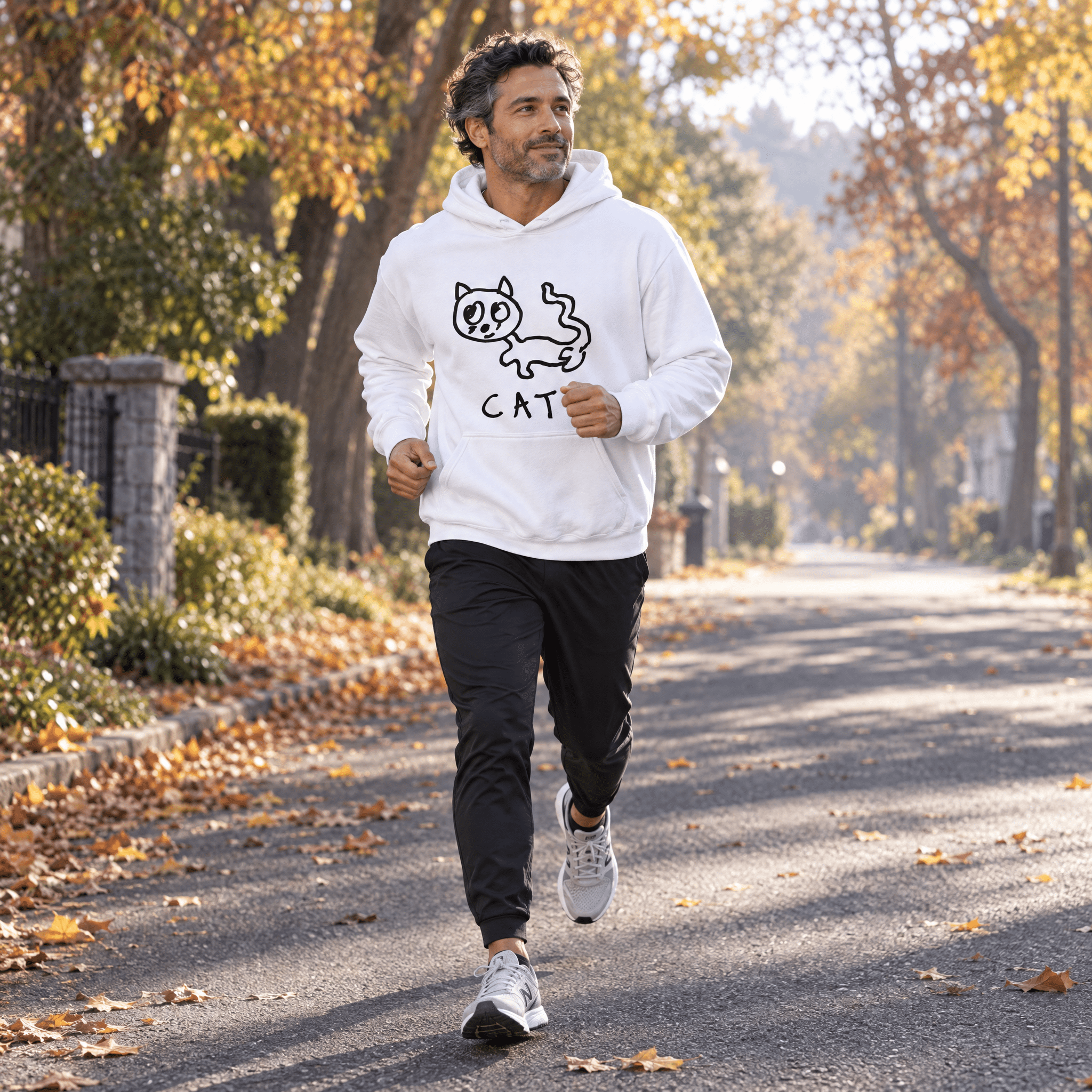 lo-fi Cat Hoodie — hand-drawn cat graphic on a white pullover hoodie