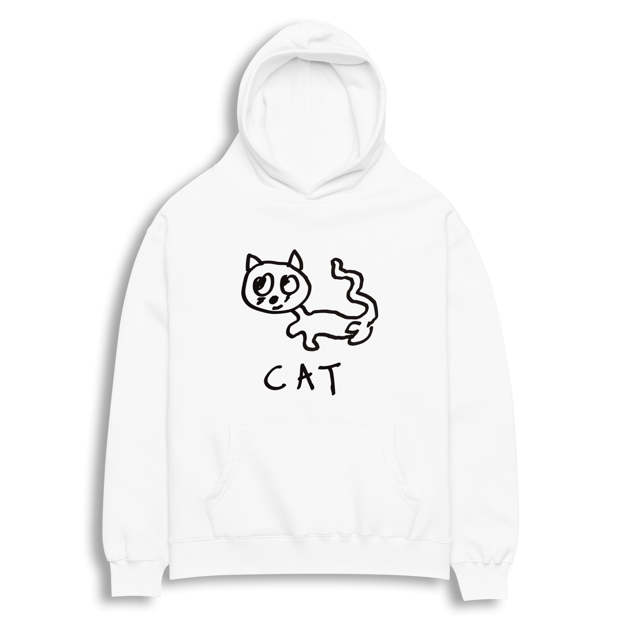 lo-fi Cat Hoodie — hand-drawn cat graphic on a white pullover hoodie