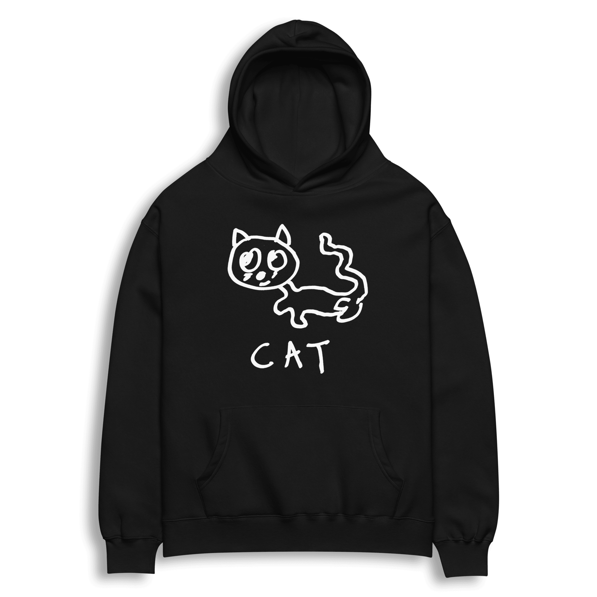 lo-fi Cat Hoodie — hand-drawn cat graphic on a black pullover hoodie