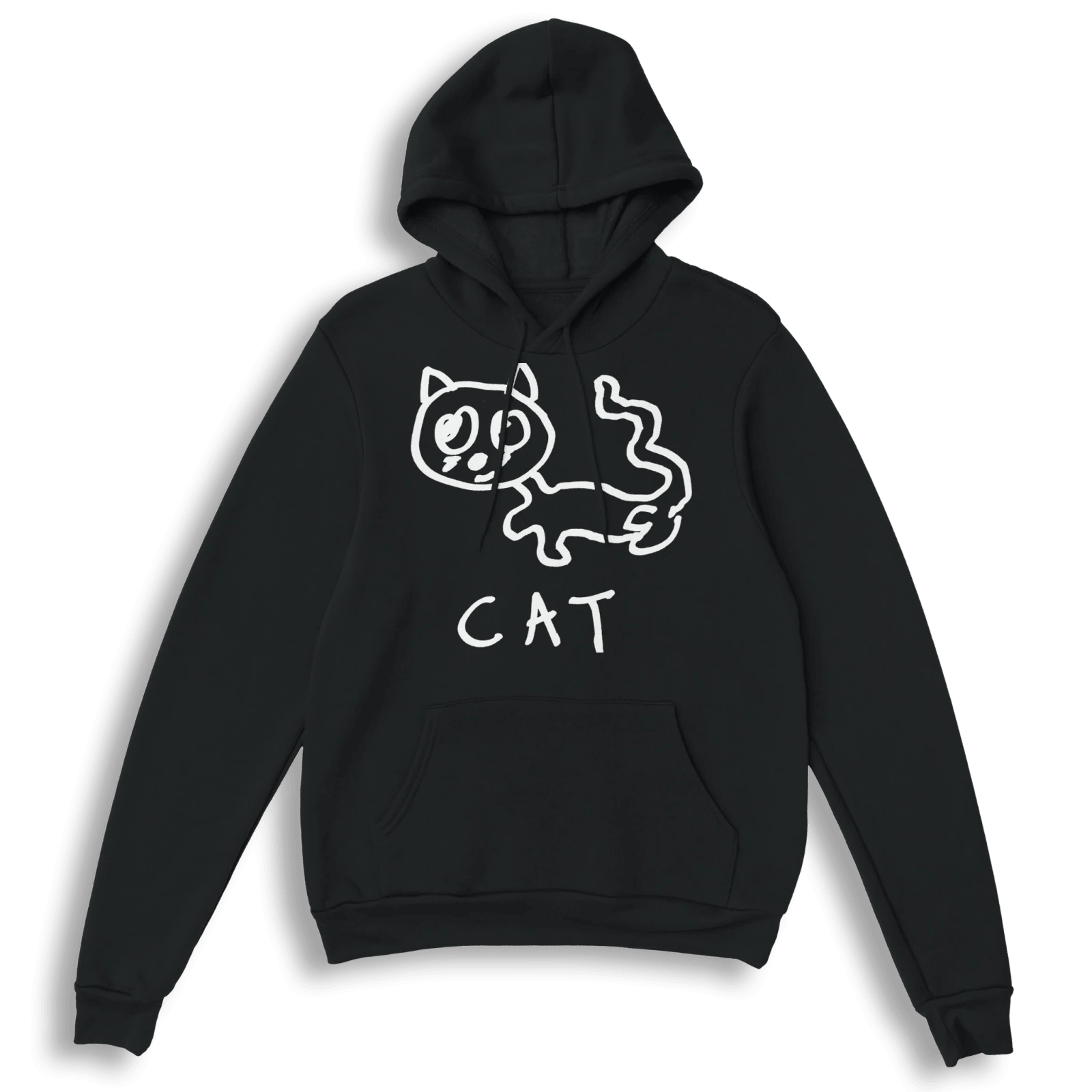 lo-fi Cat Hoodie — hand-drawn cat graphic on a black pullover hoodie