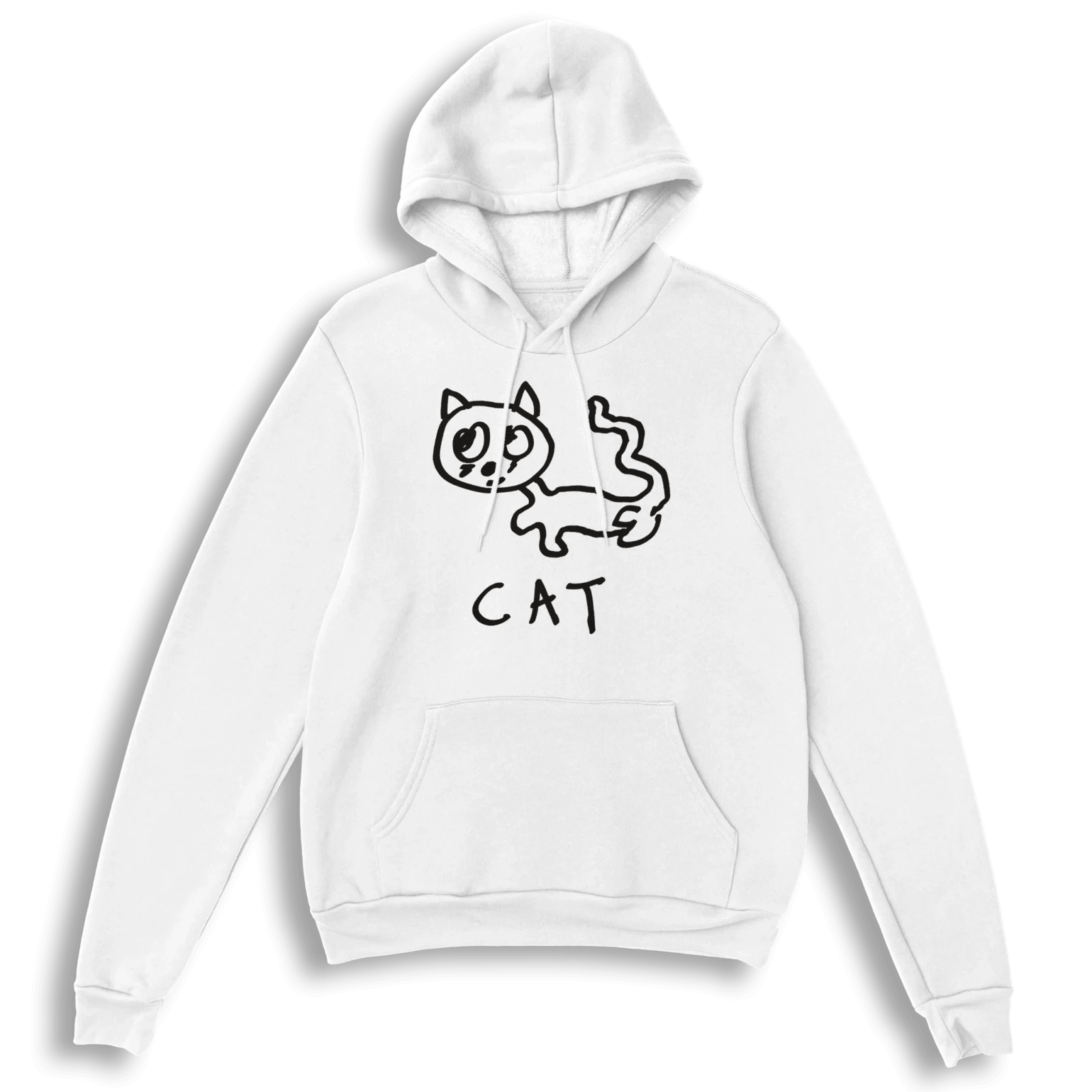 lo-fi Cat Hoodie — hand-drawn cat graphic on a white pullover hoodie