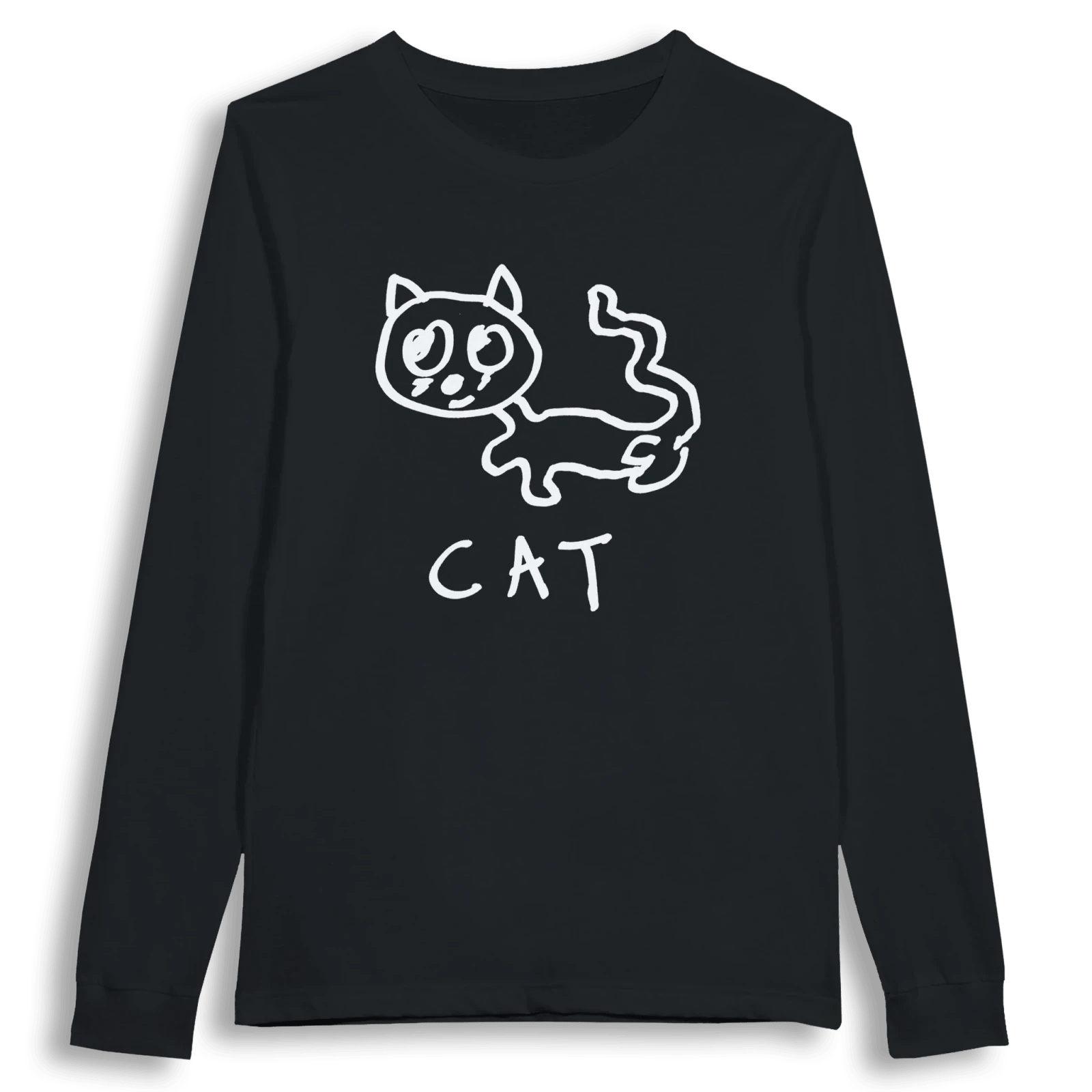 lo-fi Cat Long Sleeve Tee — hand-drawn cat graphic on a white long-sleeve t-shirt
