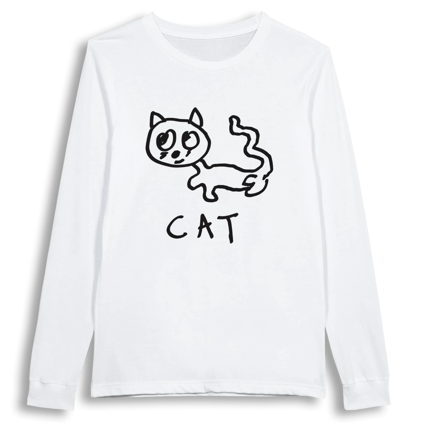 lo-fi Cat Long Sleeve Tee — hand-drawn cat graphic on a white long-sleeve t-shirt