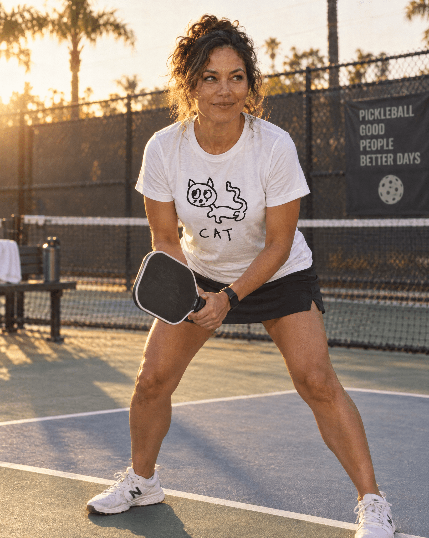 Sep 29 cat women's tee — pickleball lifestyle photo
