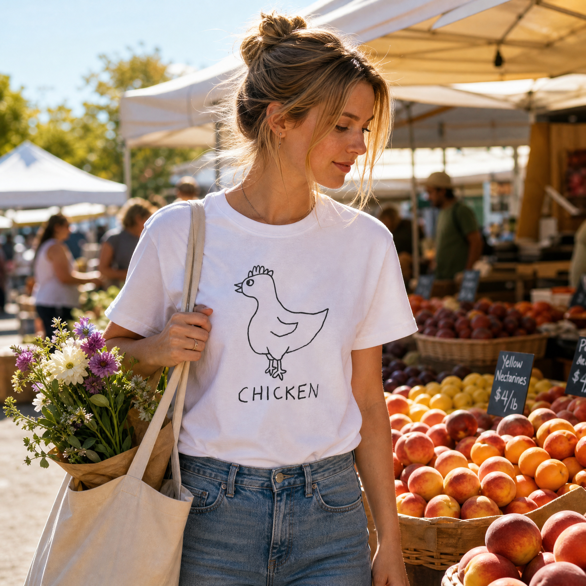 Woman strolling a sunny farmers market wearing a lo-fi Chicken Classic Tee