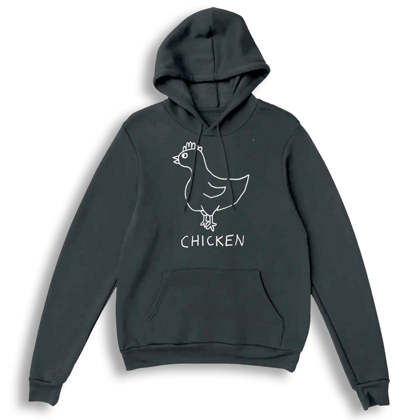 lo-fi Chicken Hoodie — hand-drawn chicken graphic on a dark heather gray pullover hoodie