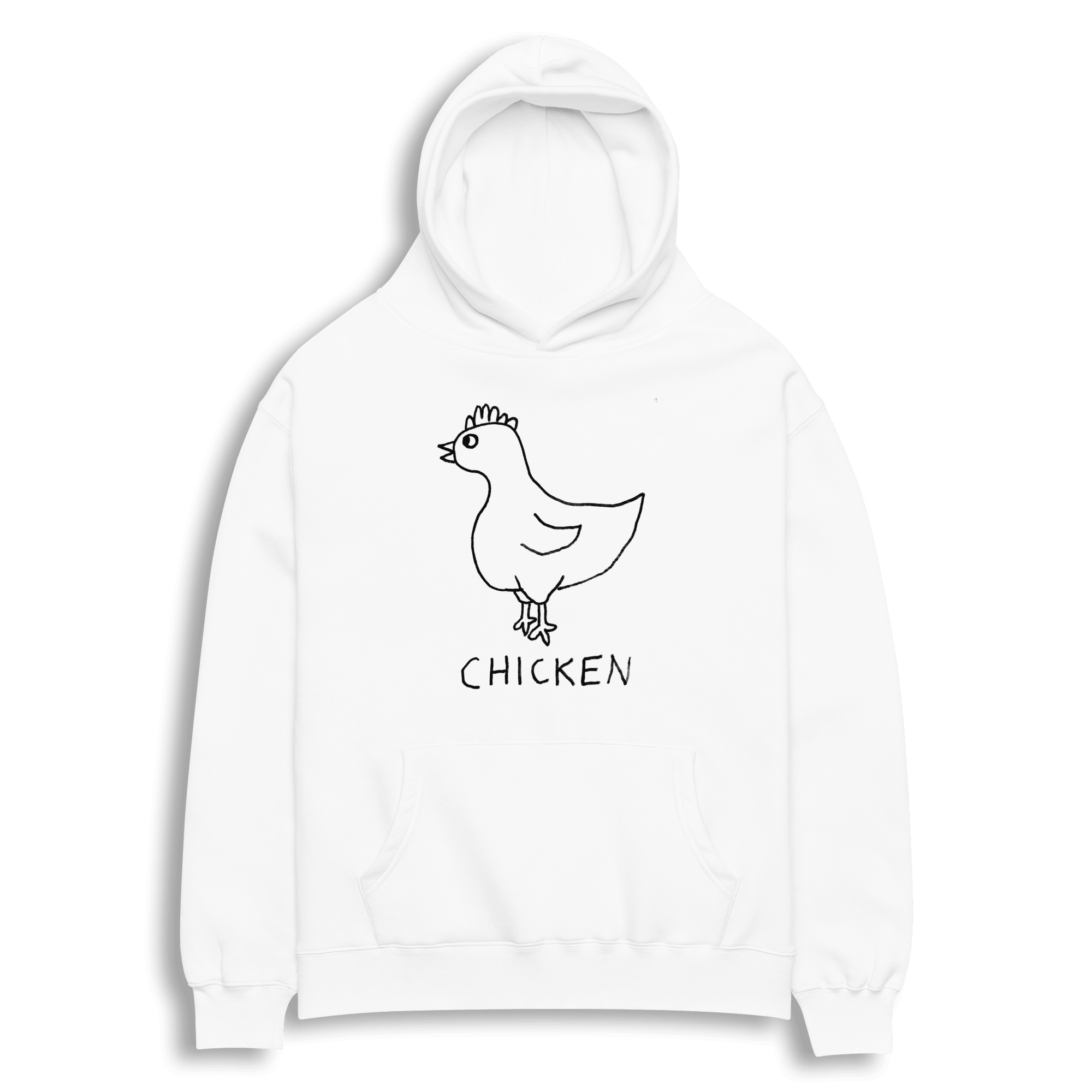lo-fi Chicken Hoodie — hand-drawn chicken graphic on a white pullover hoodie