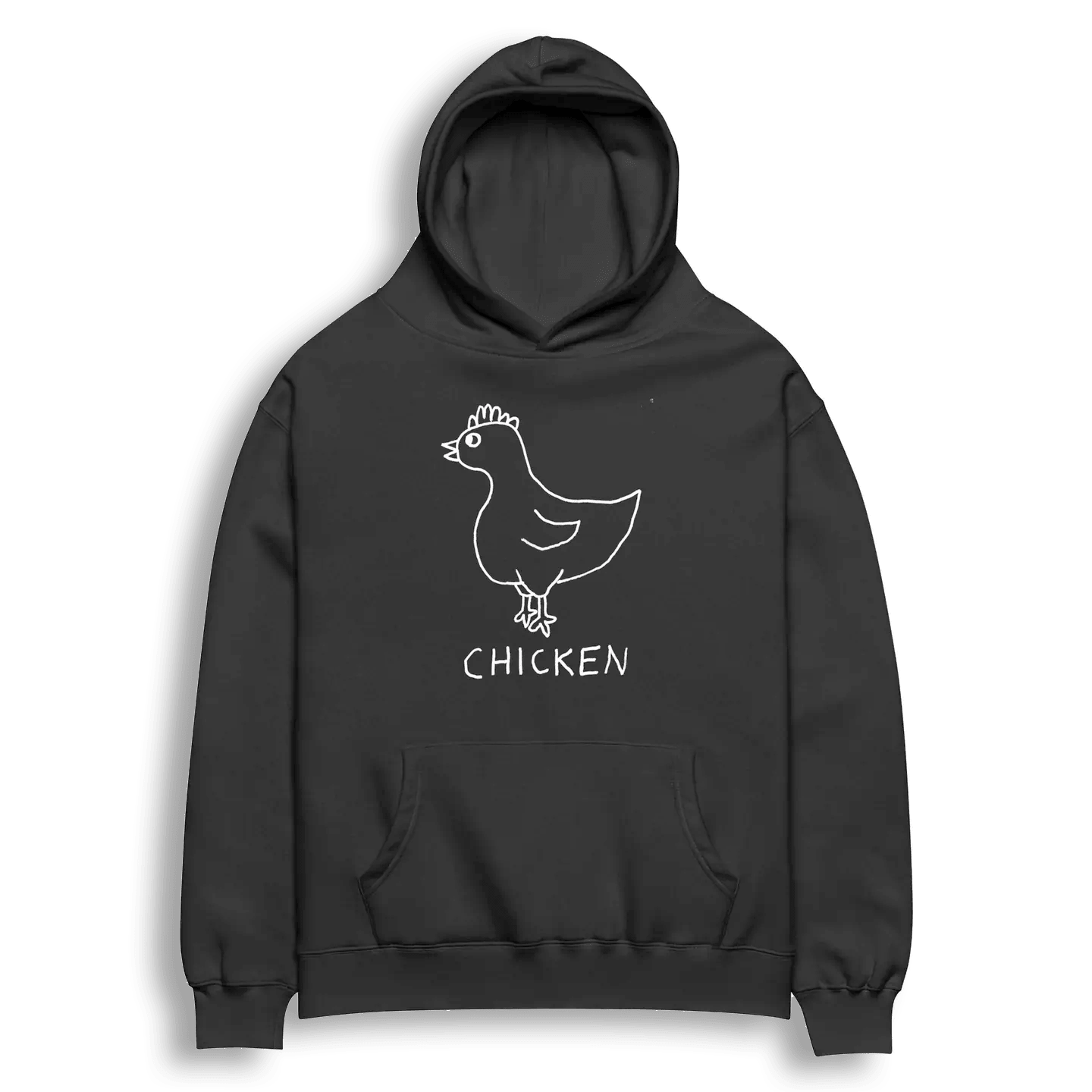 lo-fi Chicken Hoodie — hand-drawn chicken graphic on a dark heather gray pullover hoodie