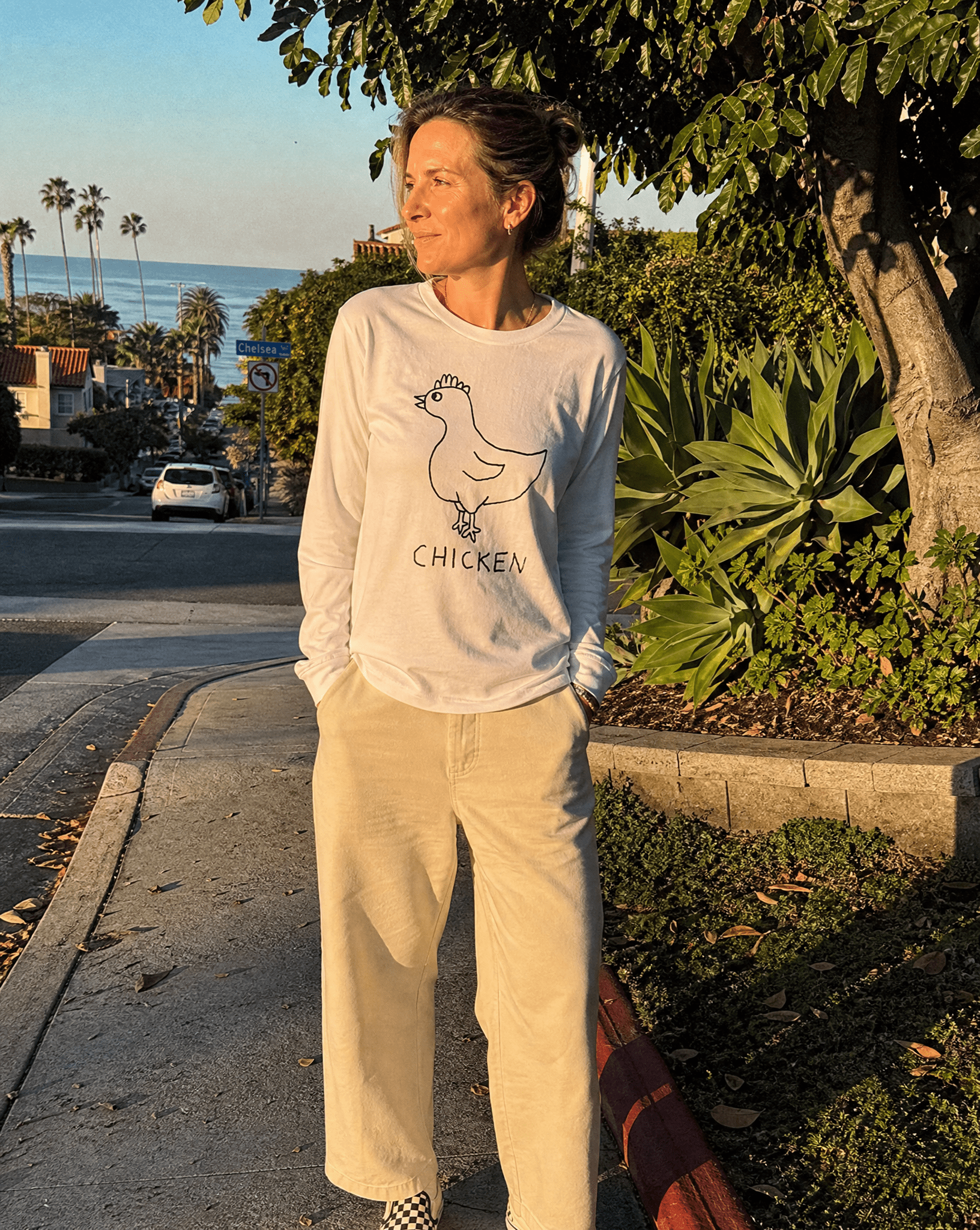lo-fi Chicken Long Sleeve Tee — hand-drawn chicken graphic on a white long-sleeve t-shirt
