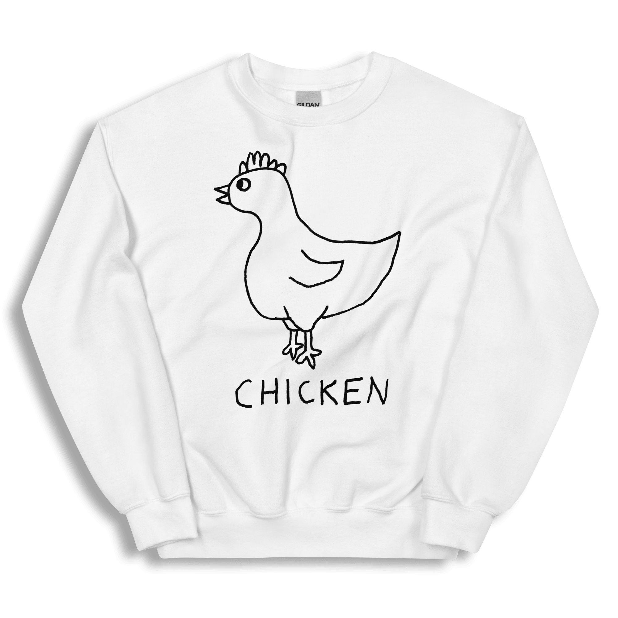 A white crewneck sweatshirt featuring a black line art graphic of a chicken and the word 'CHICKEN' printed below it, displayed on a clean white background.