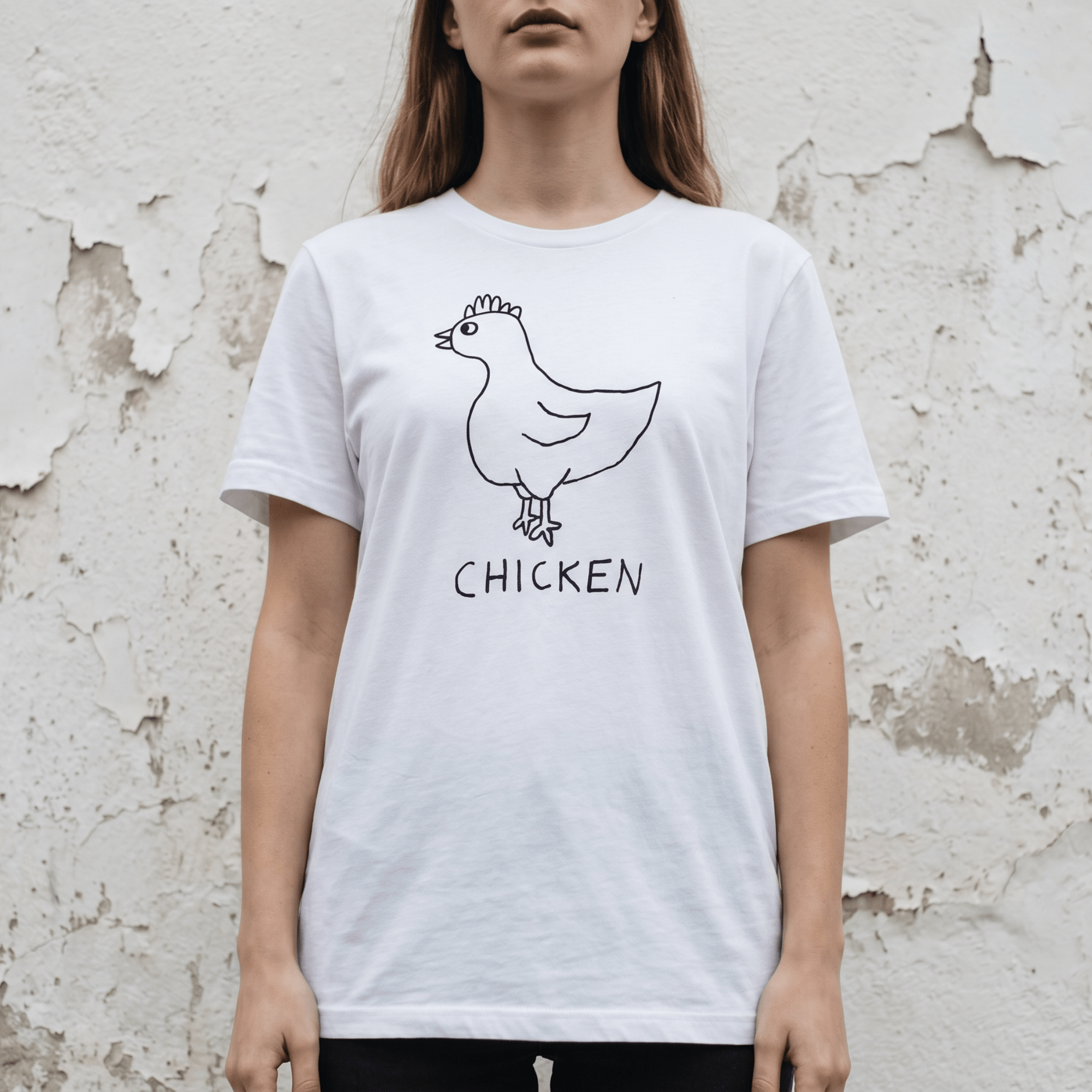 Woman street-style torso shot in a lo-fi Chicken Women's Relaxed T-Shirt in white