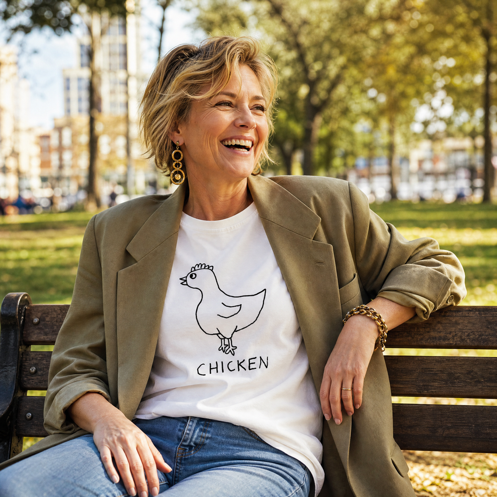 Woman in a park wearing a blazer over a lo-fi Chicken Women's Relaxed T-Shirt in white