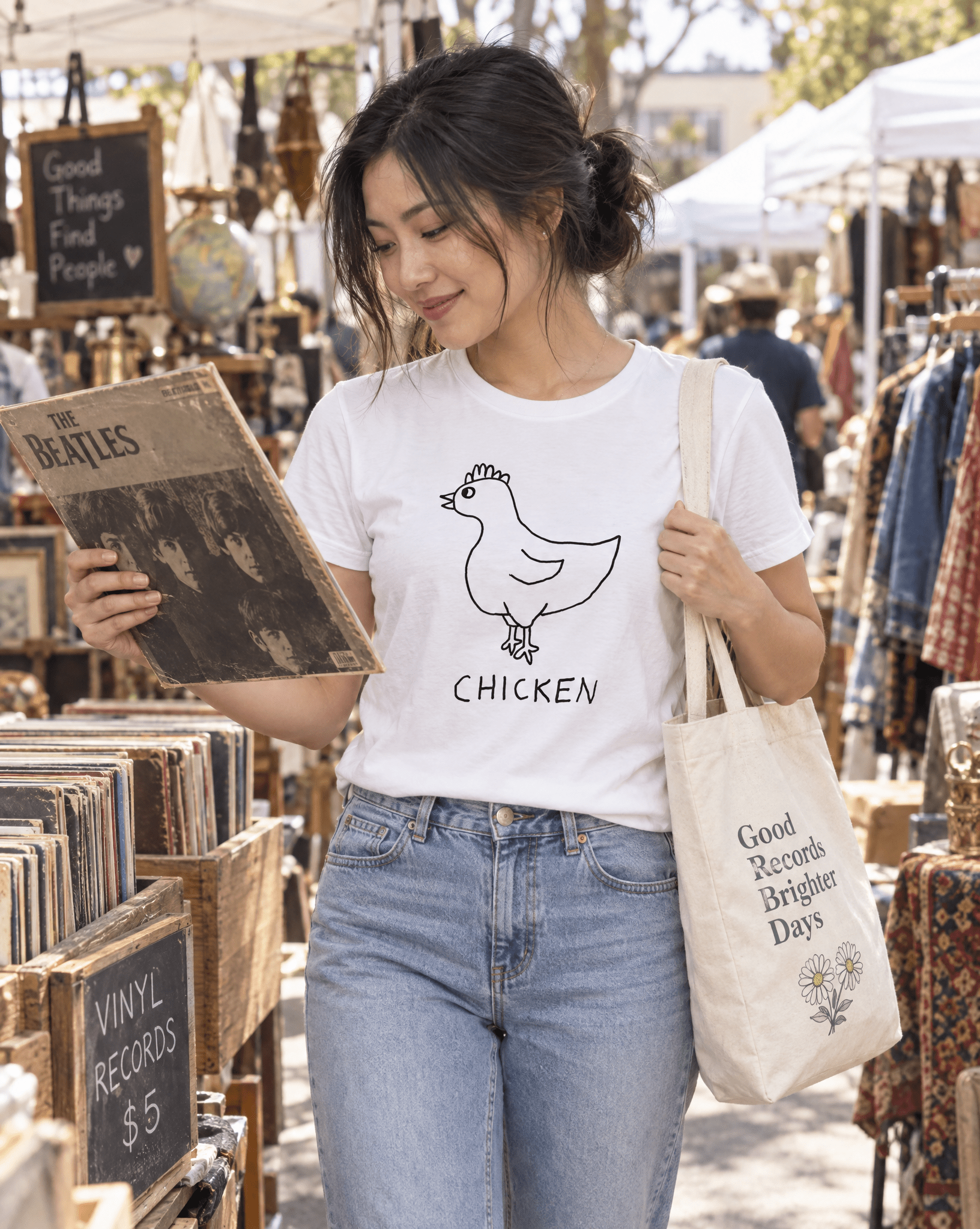 Sep 29 chicken women's tee — vintage market lifestyle photo