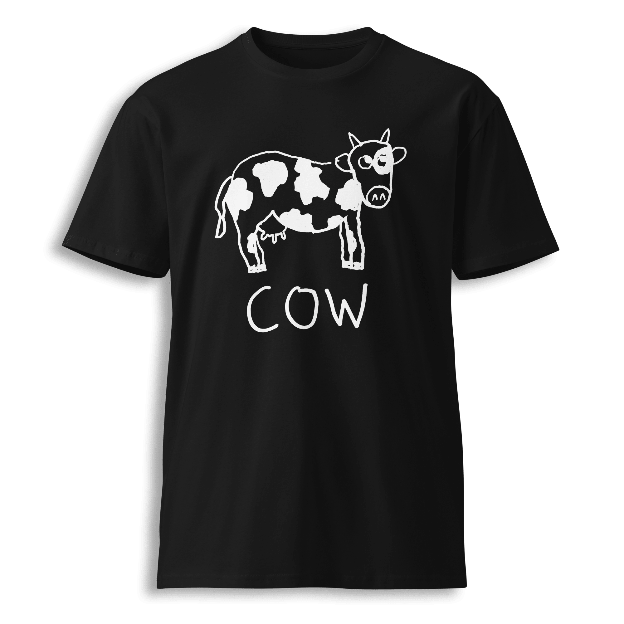 lo-fi Cow Classic Tee — hand-drawn cow graphic on a black t-shirt