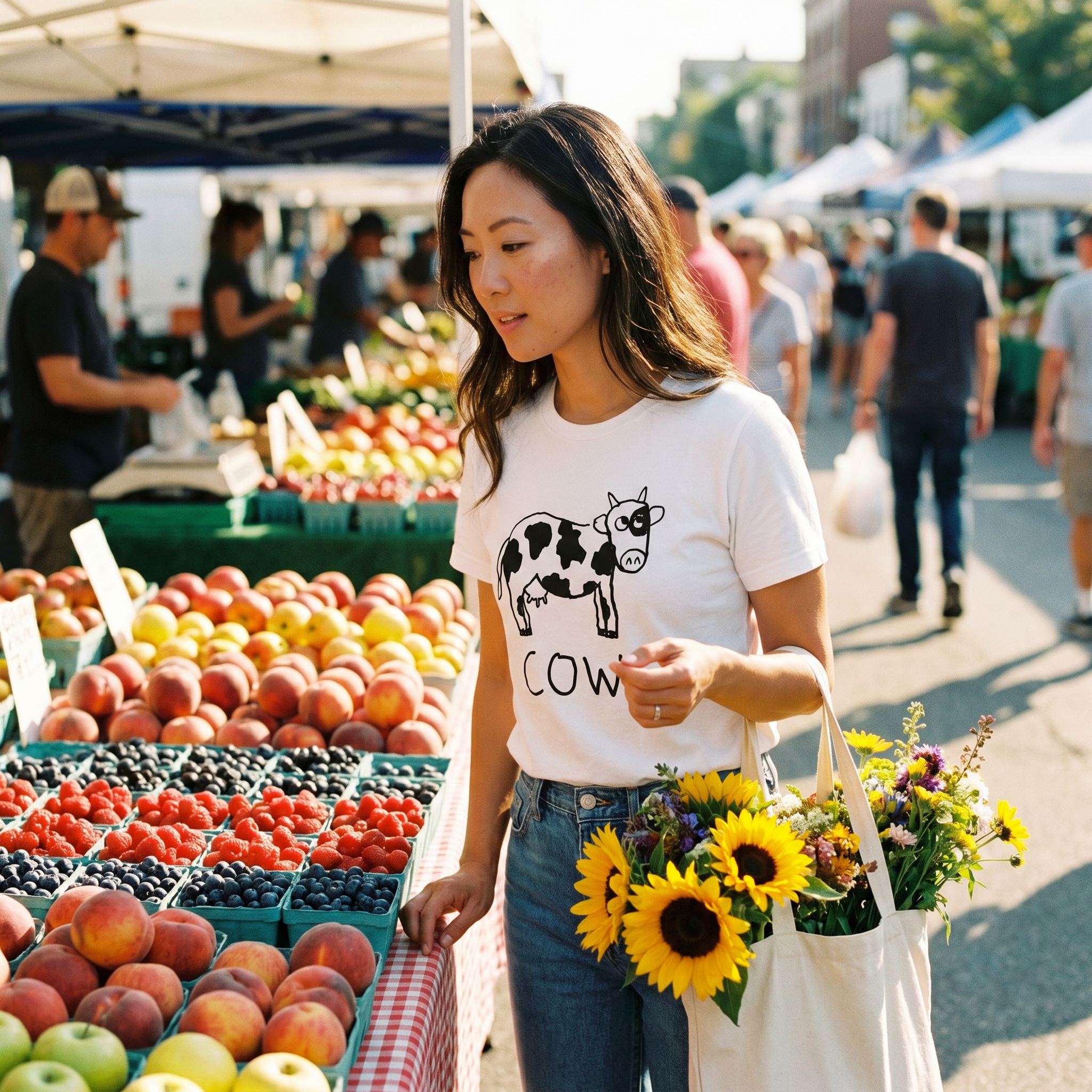 Woman shopping for berries at a farmers market wearing a lo-fi Cow Classic Tee