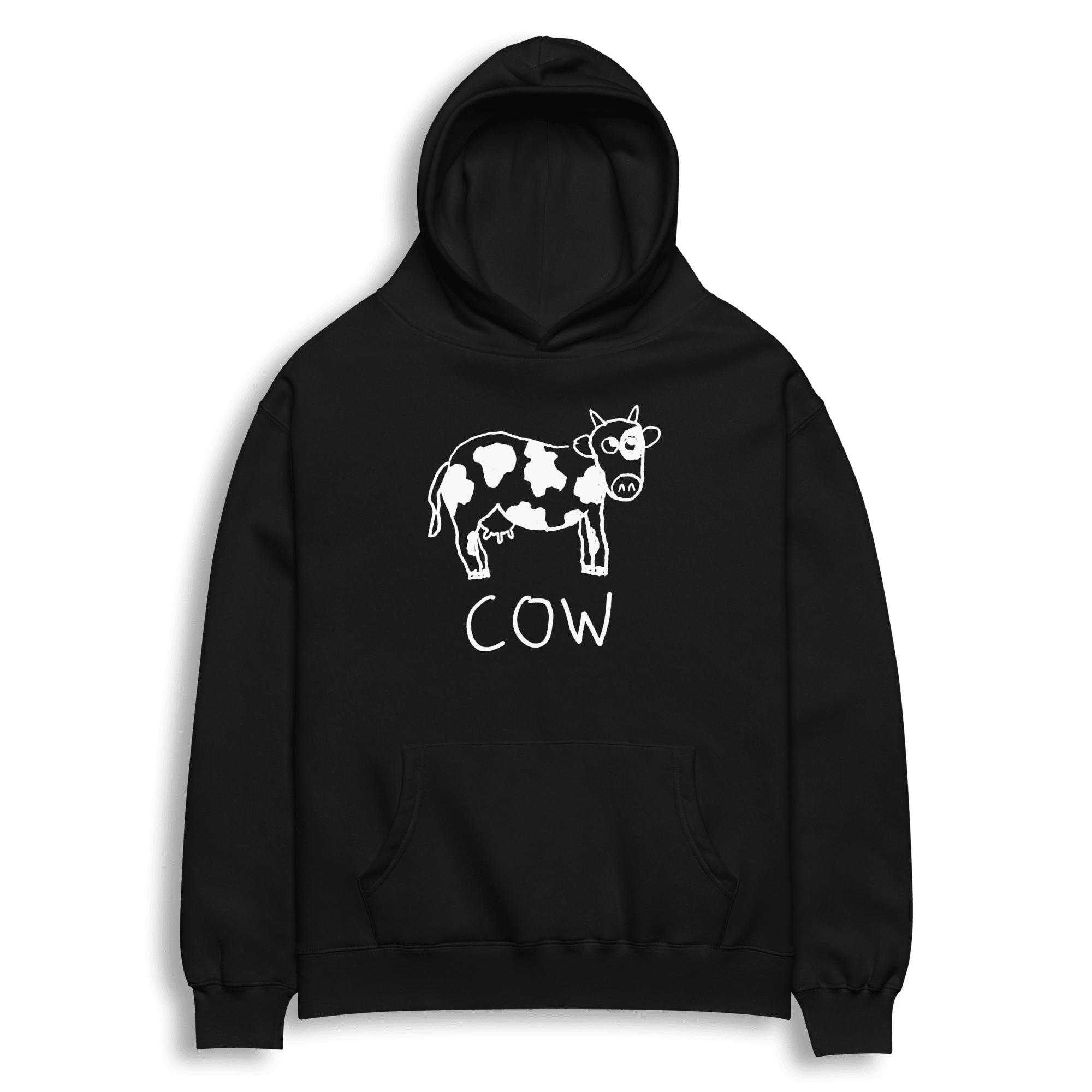 lo-fi Cow Hoodie — hand-drawn cow graphic on a black pullover hoodie
