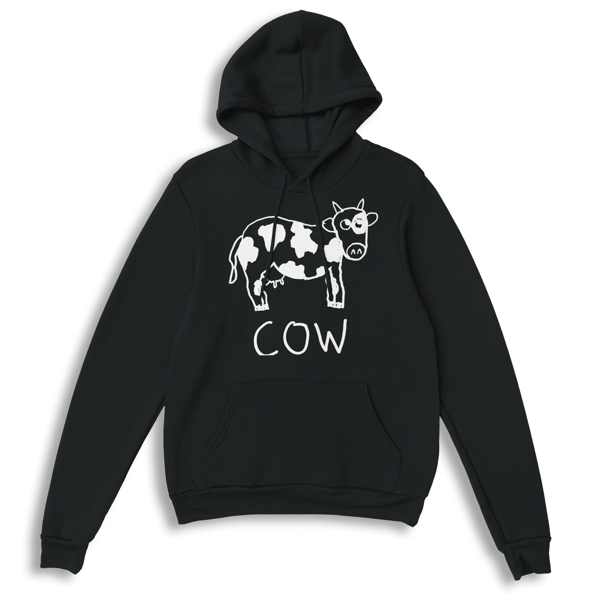 lo-fi Cow Hoodie — hand-drawn cow graphic on a black pullover hoodie