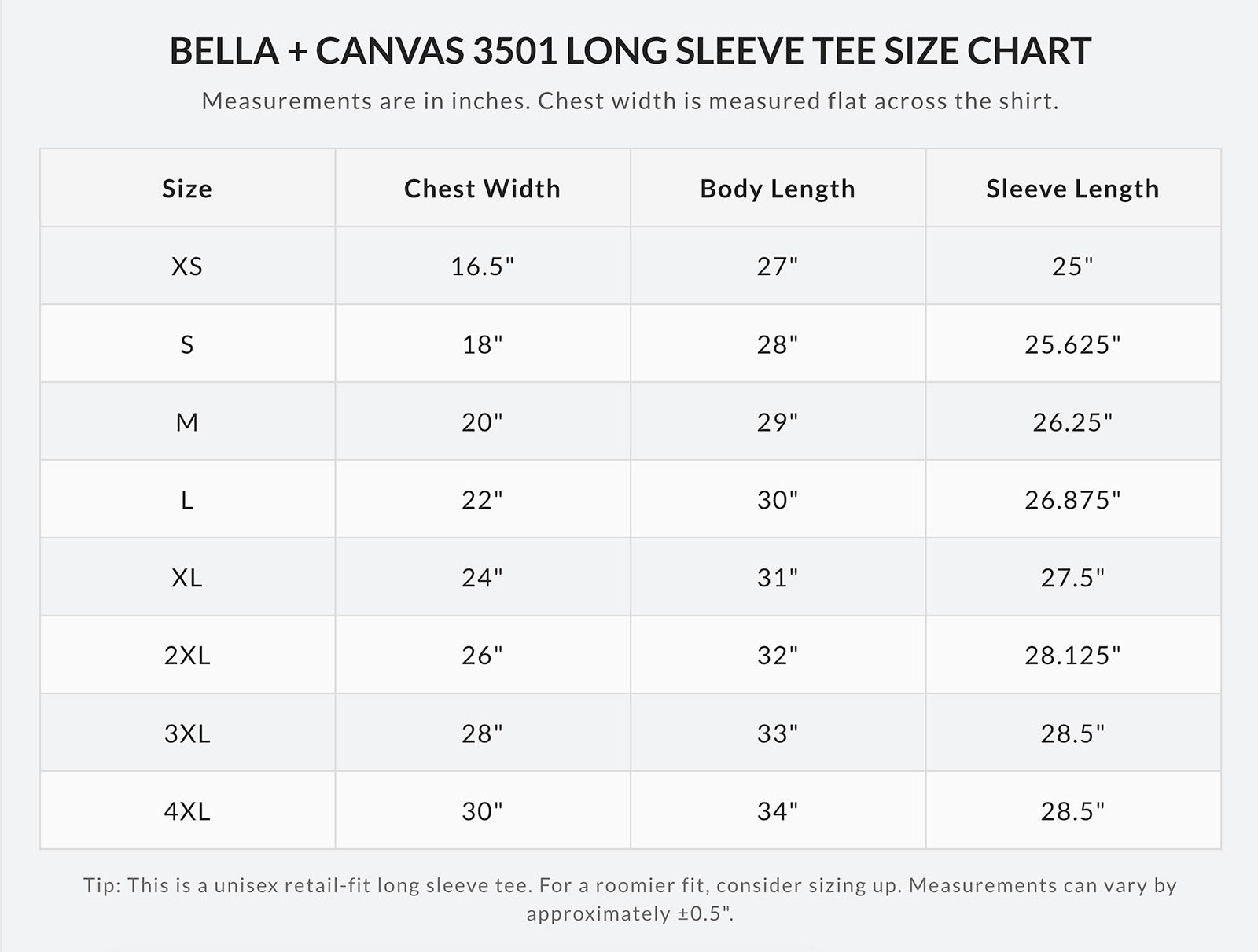 Bella + Canvas 3501 unisex long-sleeve tee size chart in inches
