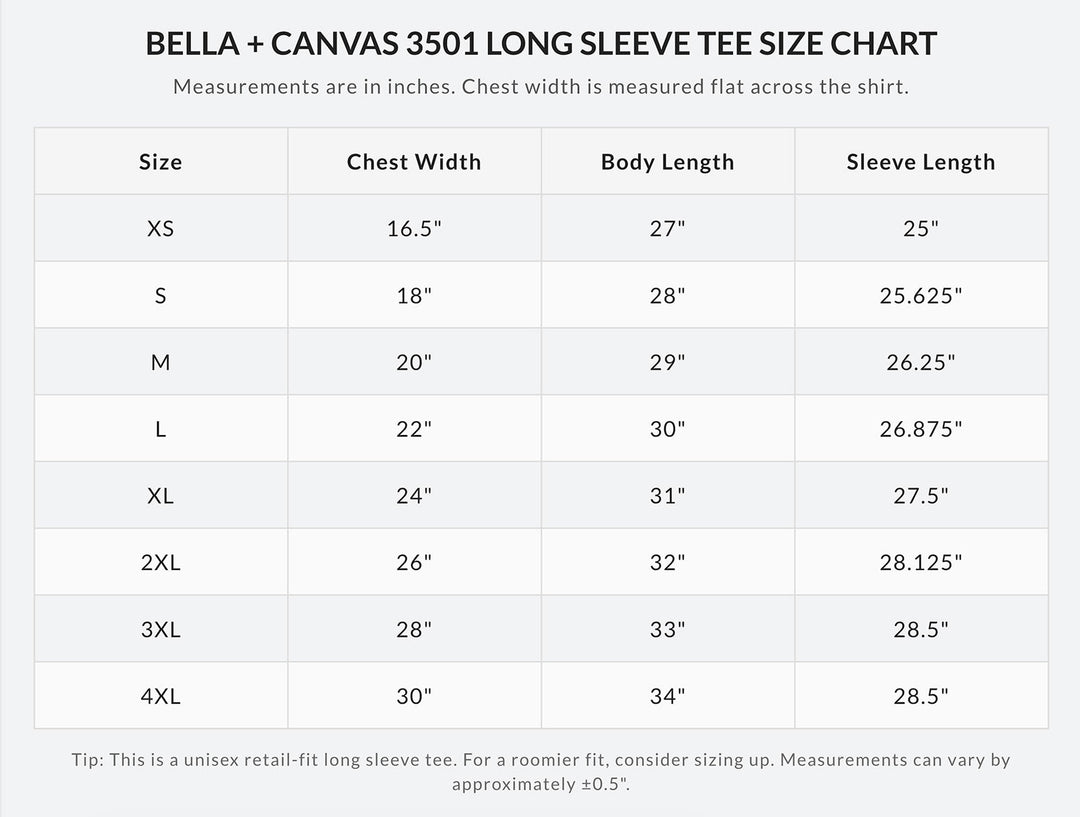 Bella + Canvas 3501 unisex long-sleeve tee size chart in inches