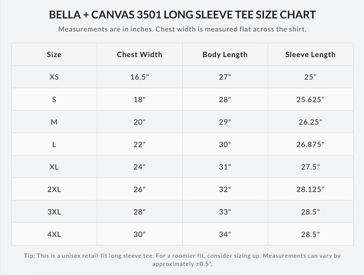 Bella + Canvas 3501 unisex long-sleeve tee size chart in inches