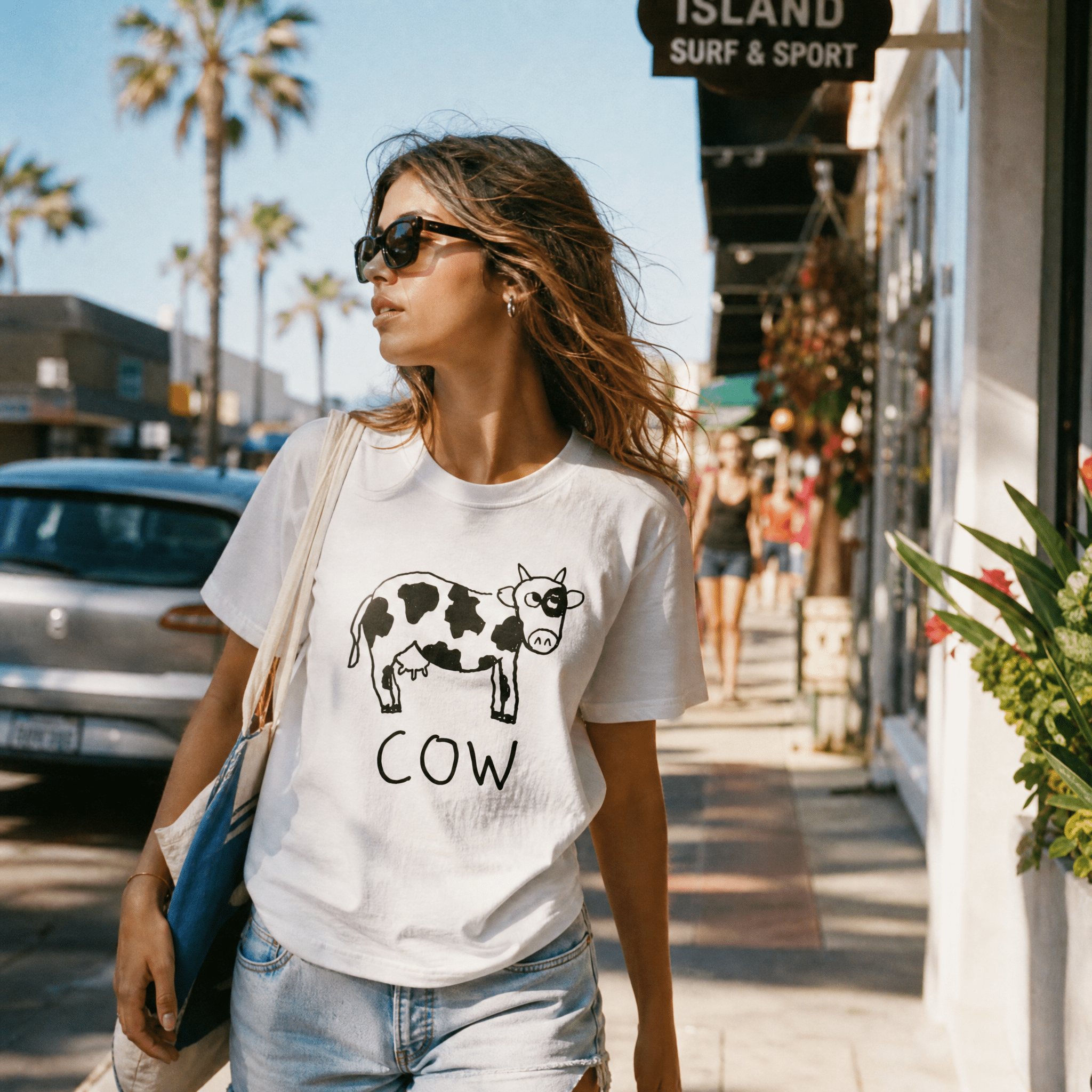 lo-fi Cow Women's Relaxed T-Shirt — hand-drawn cow graphic on a white relaxed-fit tee